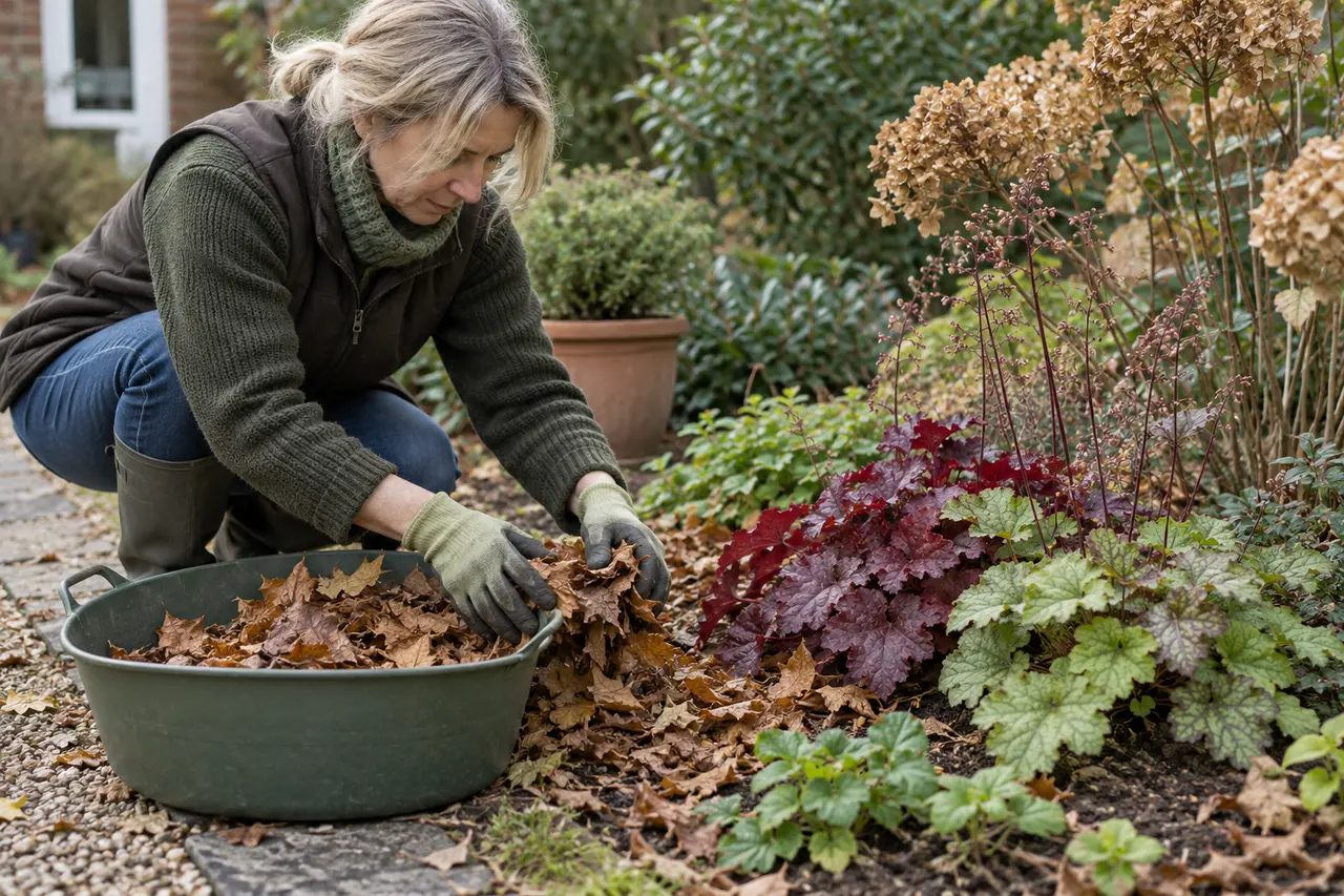 Picking loose leaves from around low retained foliage
