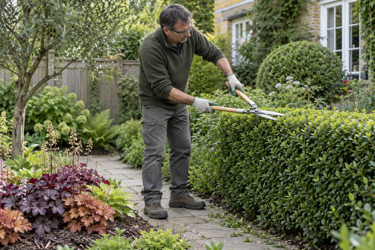 Trimming a low hedge from a clear supported position