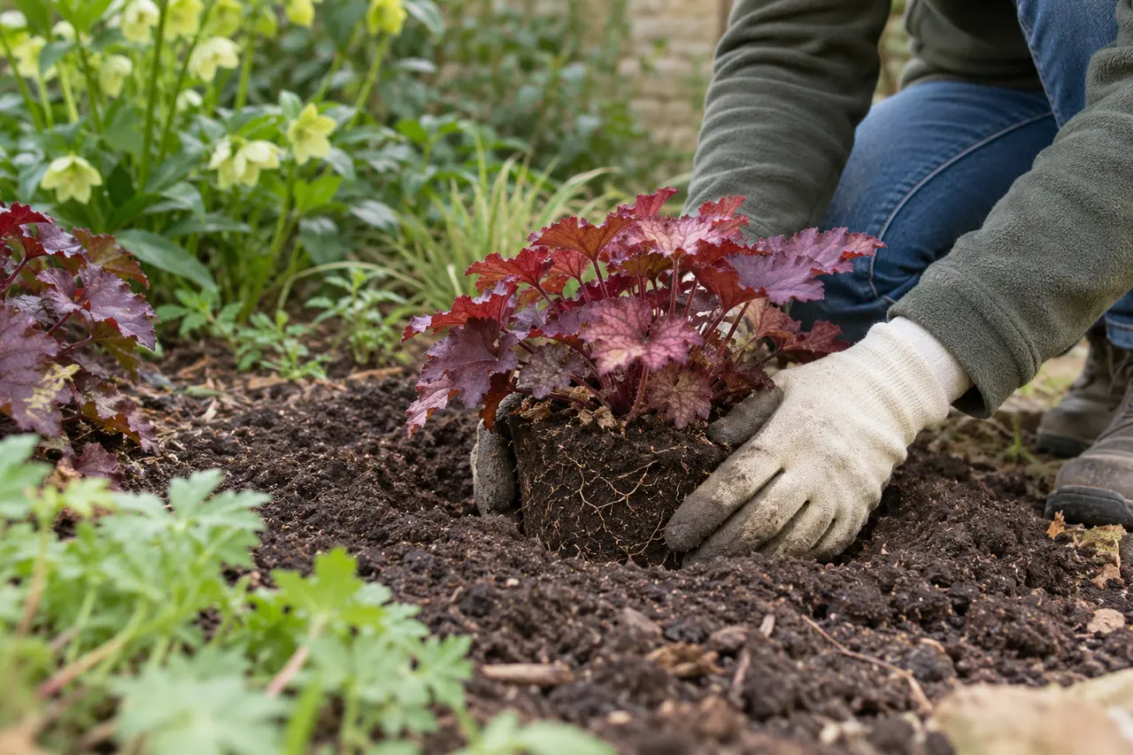 Soil settled around a supported heuchera rootball
