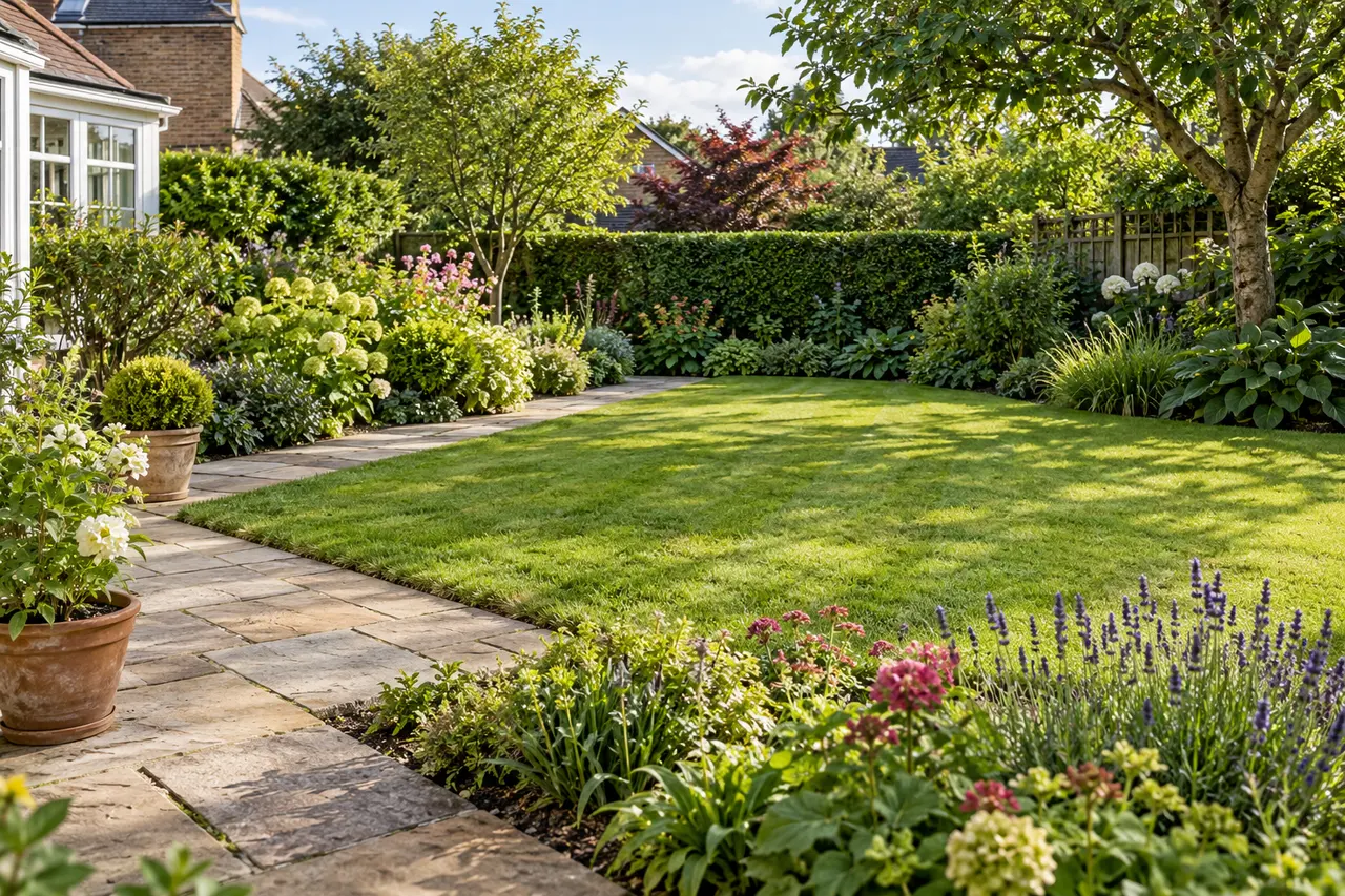An established lawn with mixed planted borders
