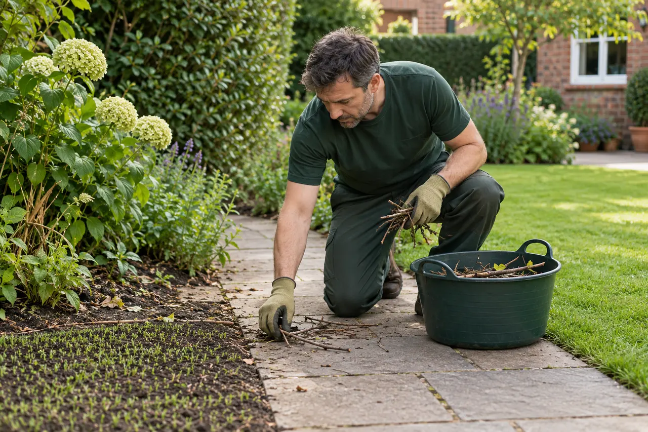 Collecting loose material beside a protected lawn patch