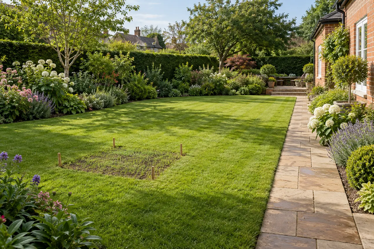 Established lawn and a clearly separated seeded patch