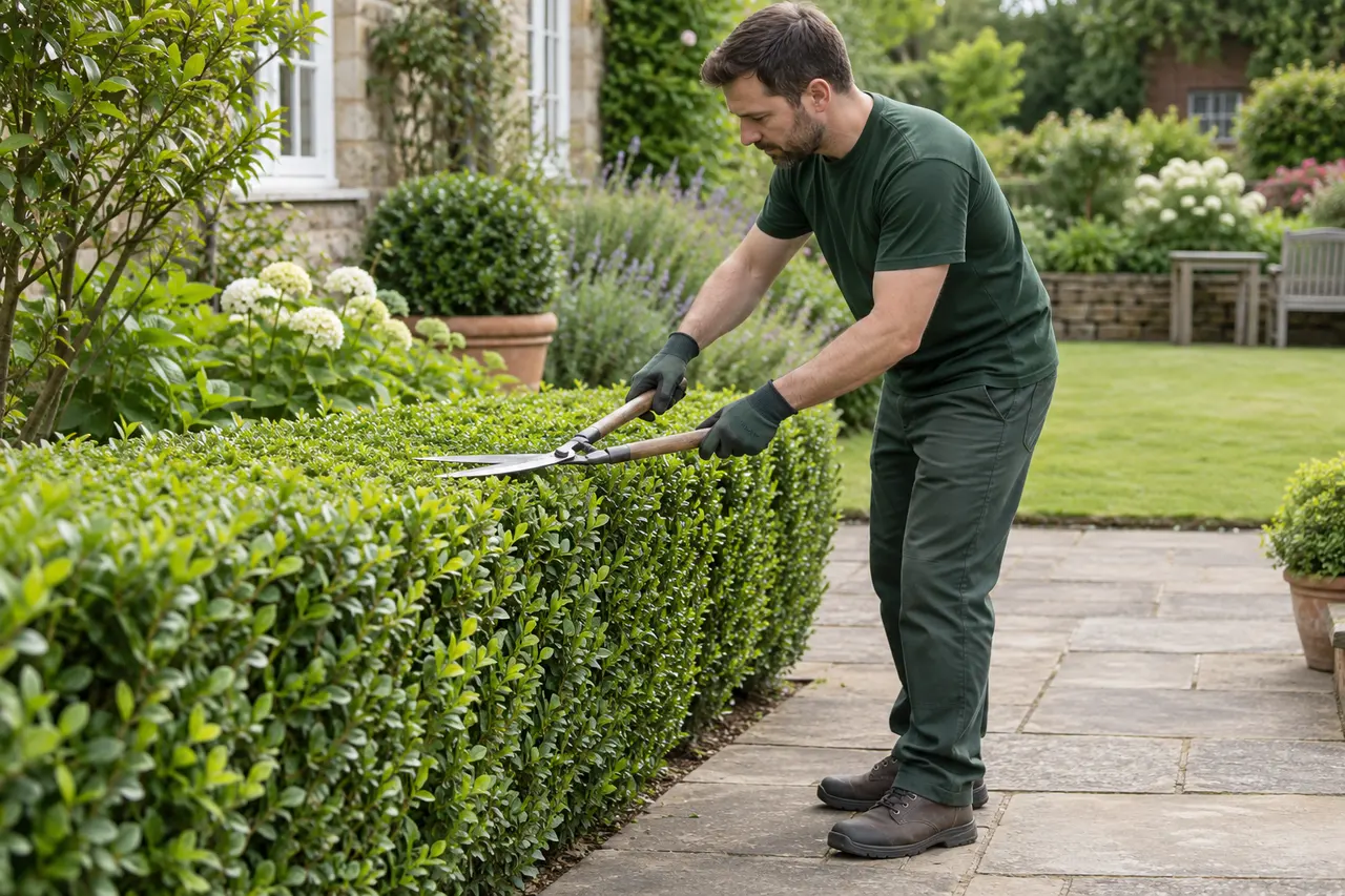 Manual hedge trimming from firm paving
