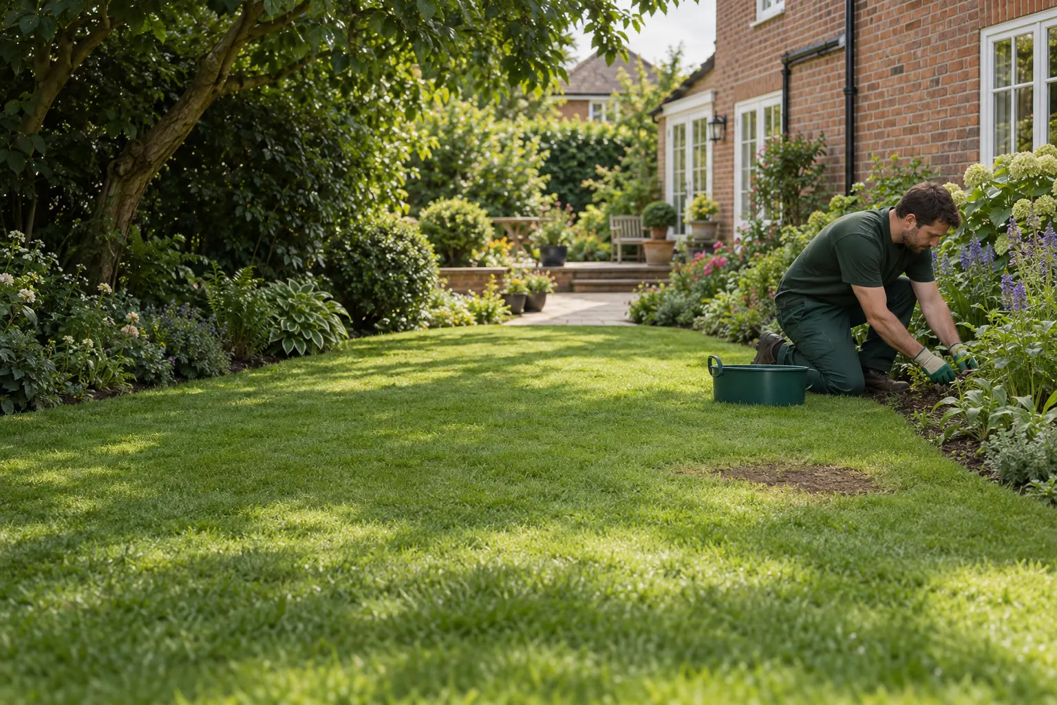 Tending a border beside lawn with a small seeded patch