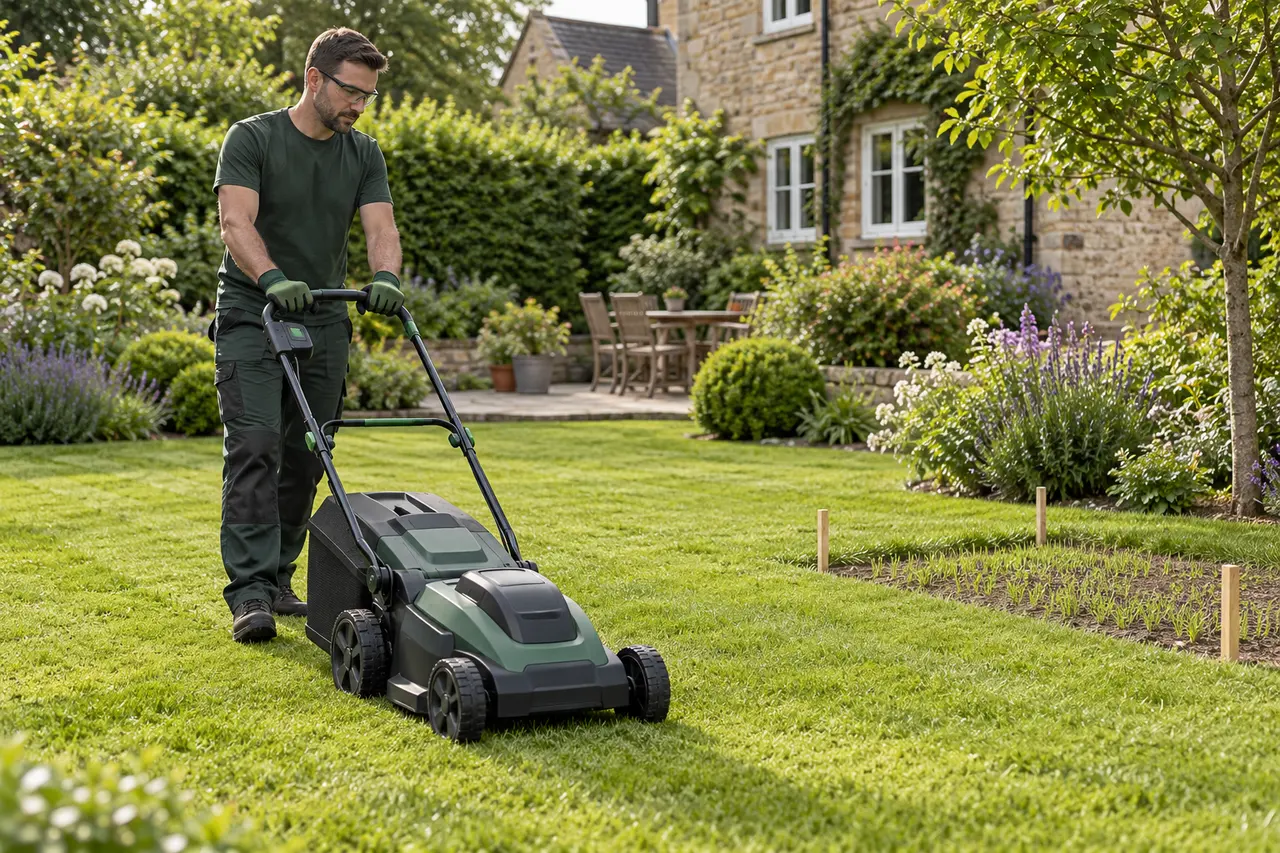 Mowing established grass outside a seeded lawn patch