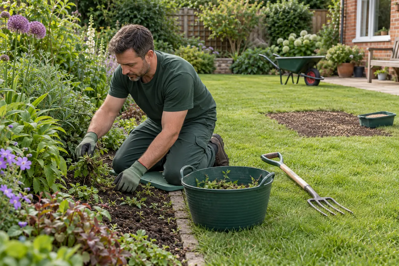 Hand weeding a border beside established grass