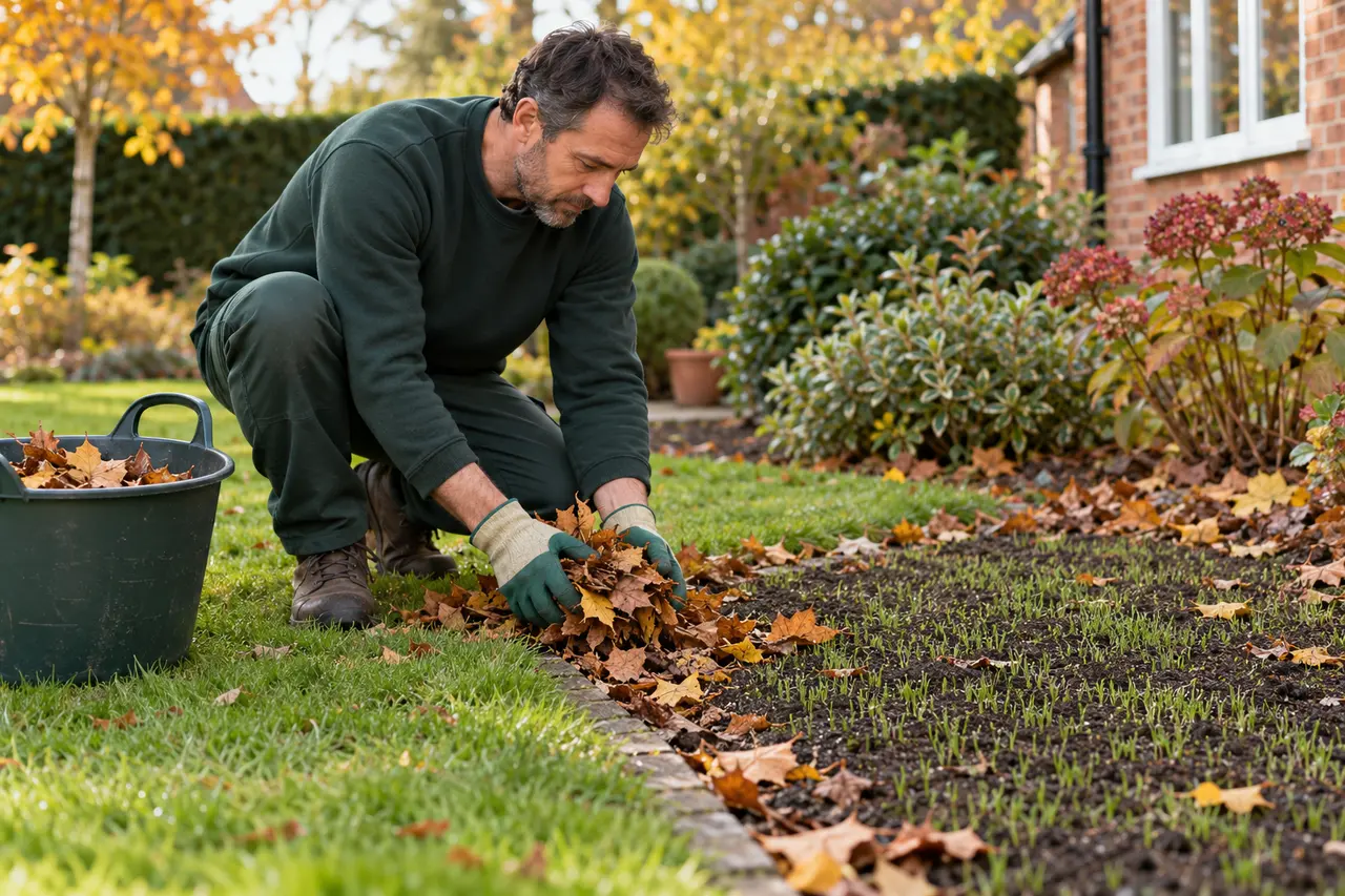 Lifting leaves carefully beside a seeded lawn patch