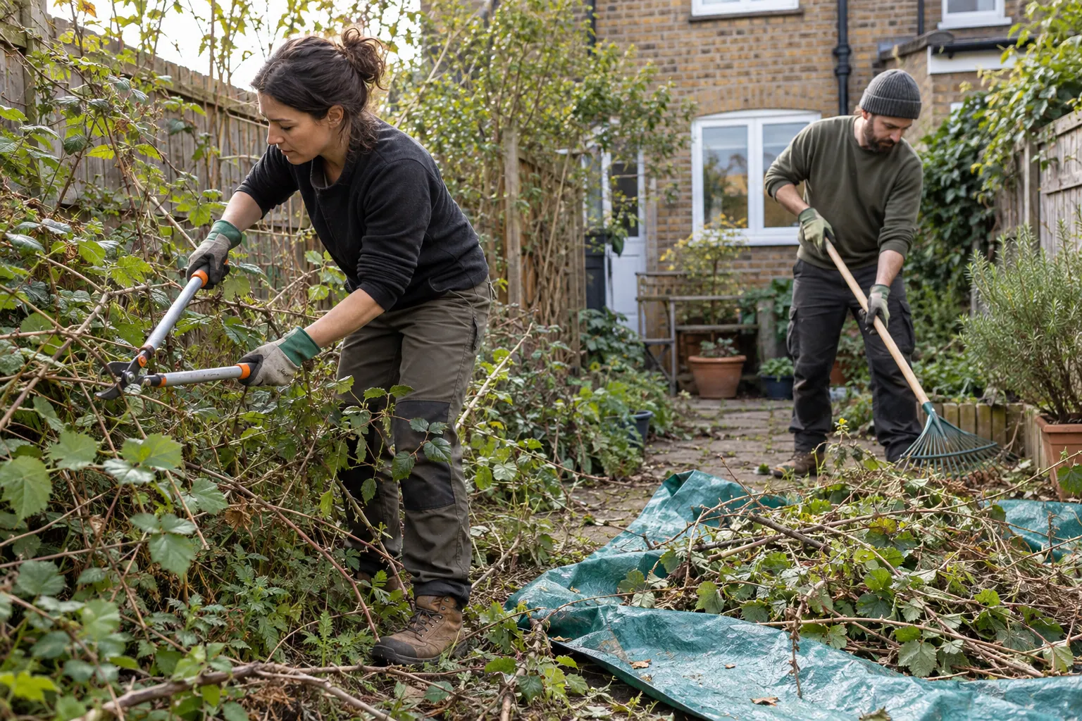 Two gardeners clearing brambles and gathering cuttings on a tarpaulin