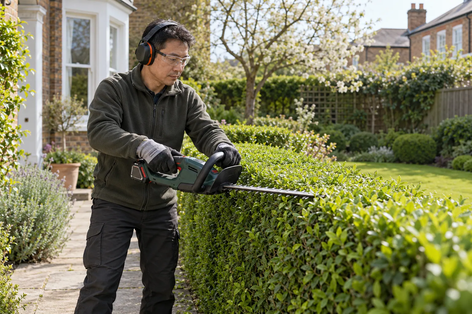 Gardener trimming the side of a low privet hedge with protective equipment