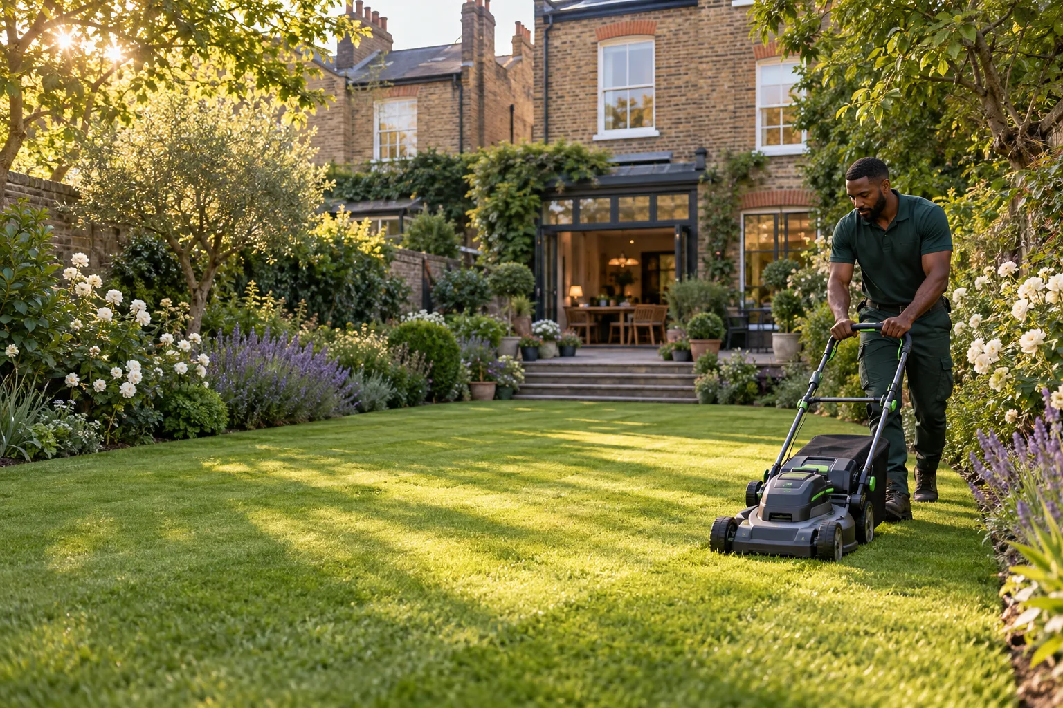 Professional gardener mowing a flower-bordered London garden