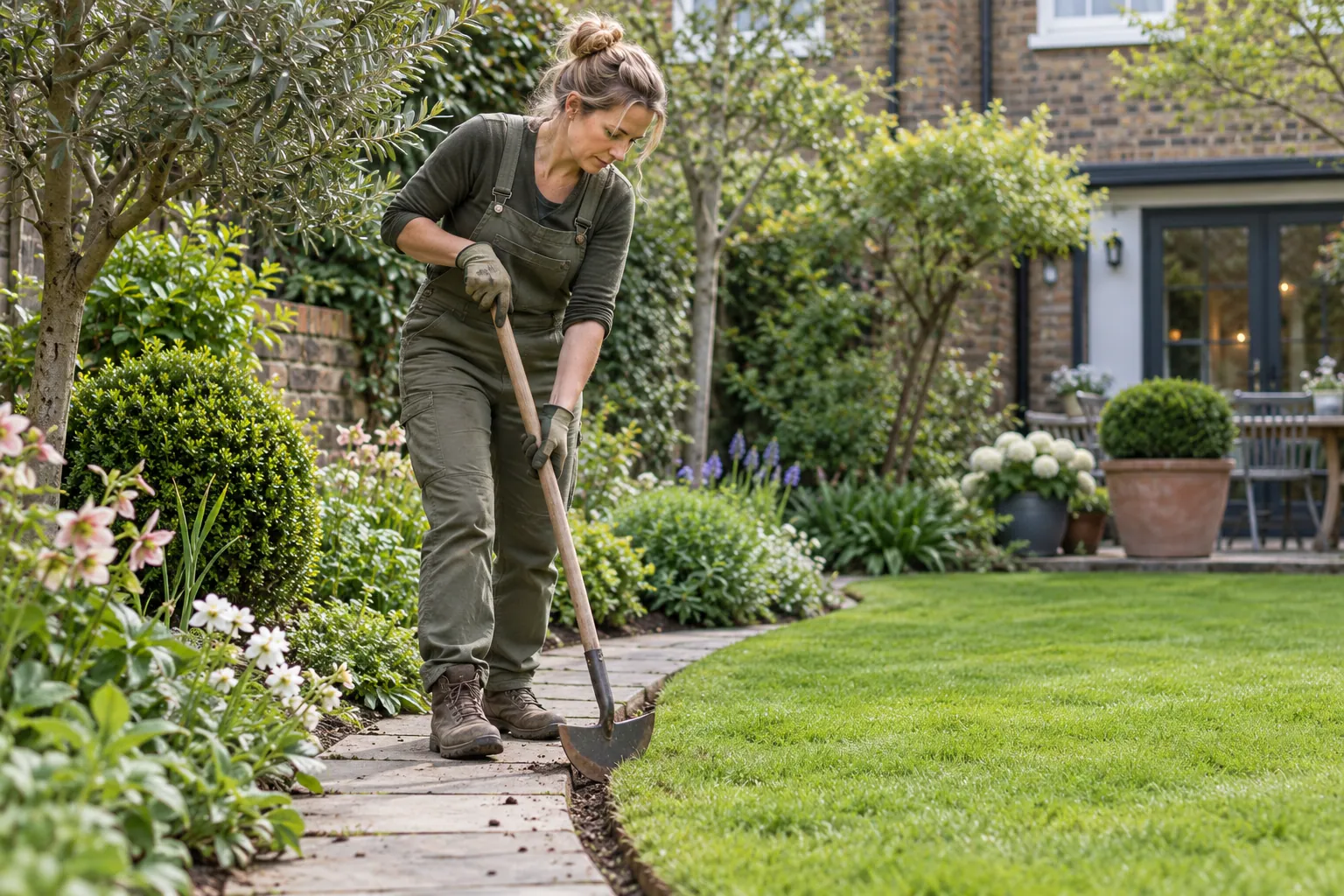 Gardener defining the edge of a lawn beside a path