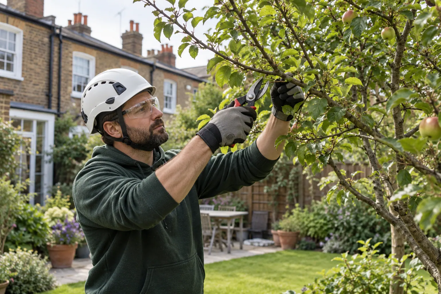 Arborist working on a small fruit tree from ground level