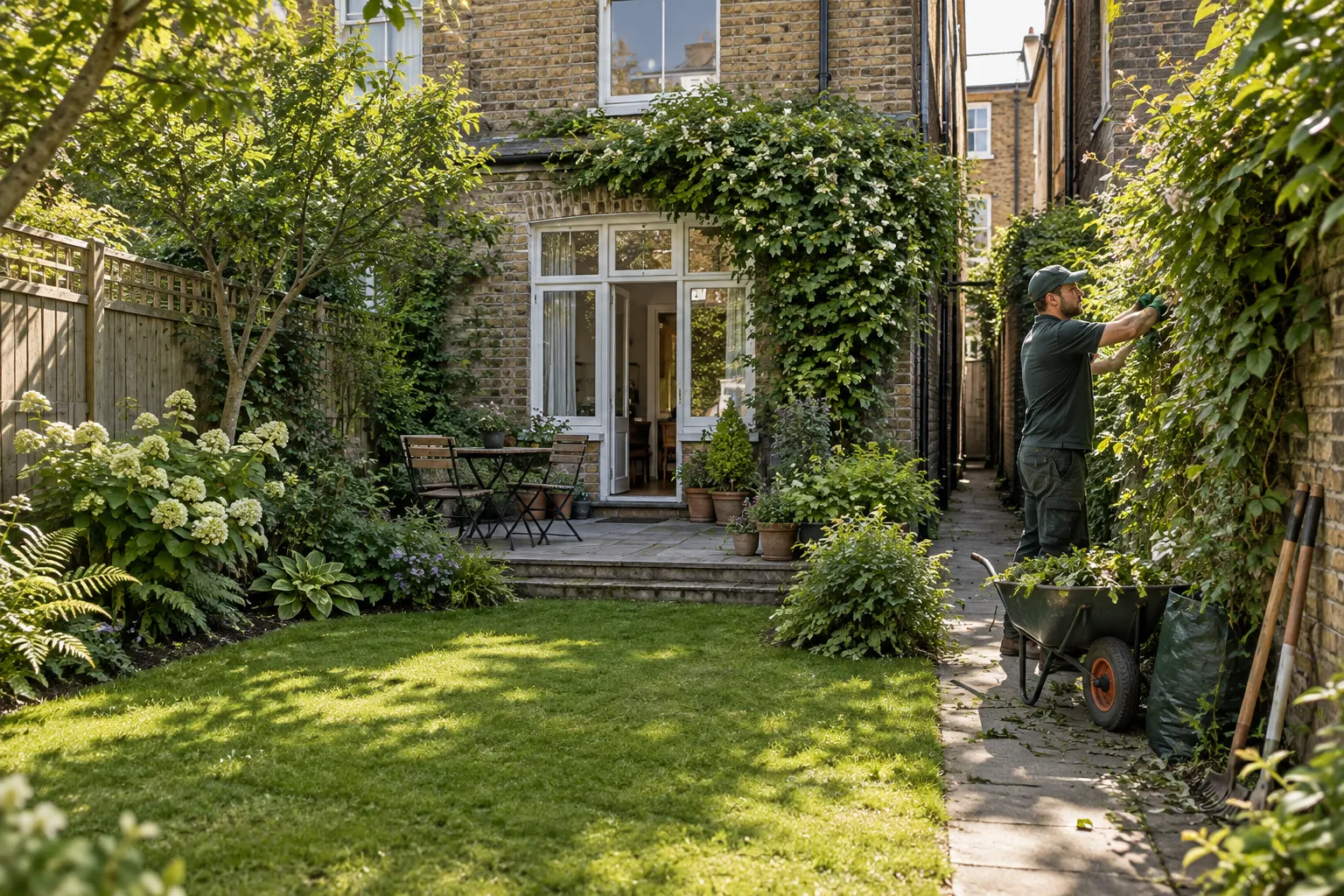 Gardener working in a British residential garden