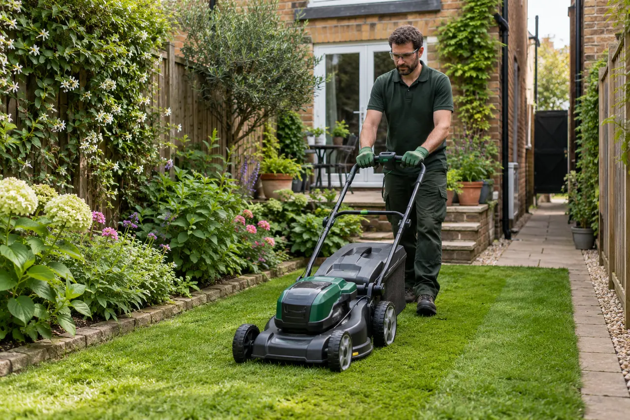 Lawn mowing around planted borders