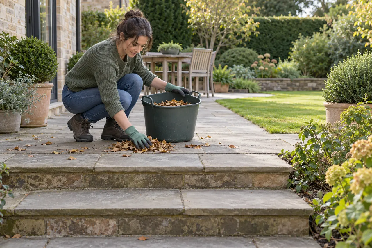 Collecting loose leaves beside clear garden steps