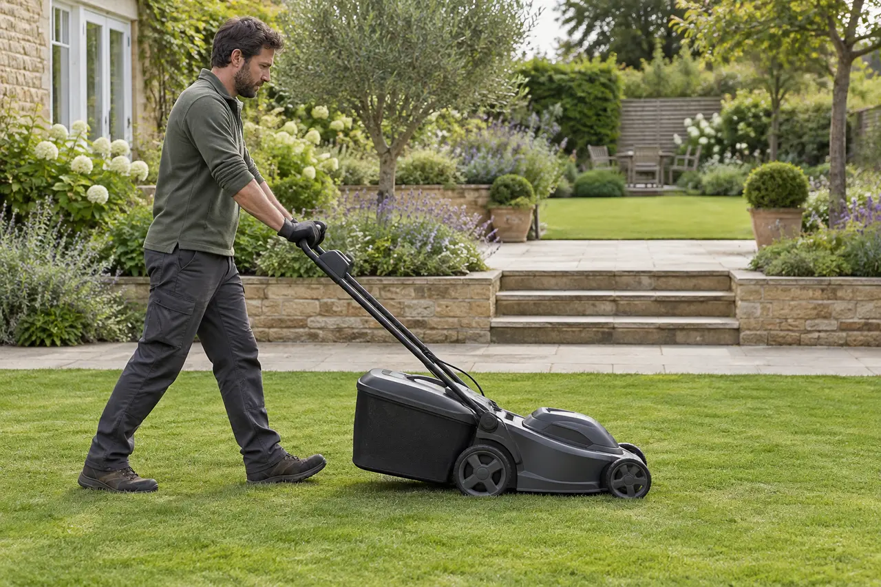 Mowing level grass below an existing planted terrace