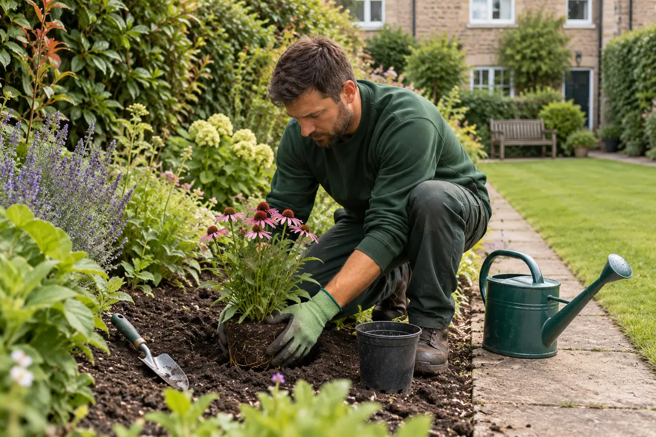 Careful planting and weeding in a flower border